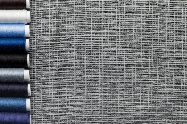 Top View Blue Grey Thread Coils Row Sackcloth Copy Space — Stock Photo, Image