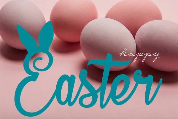 Pink Painted Chicken Eggs Blue Happy Easter Lettering — Stock Photo, Image