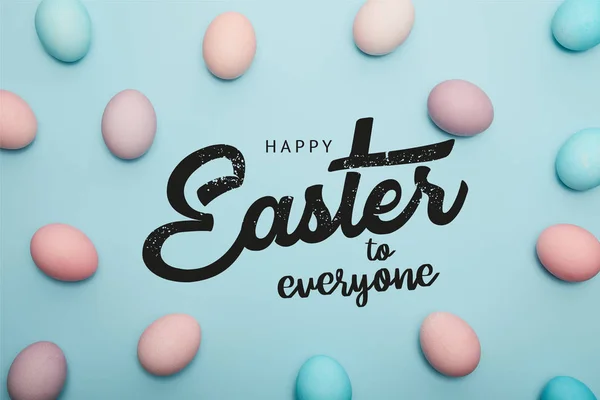 Top View Painted Multicolored Eggs Blue Background Happy Easter Everyone — Stock Photo, Image