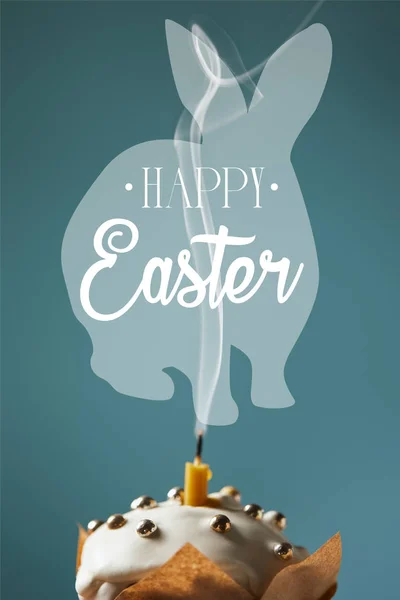 Selective Focus Traditional Easter Cake Fireless Candle Smoke Blue Background — Stock Photo, Image