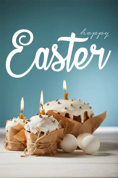 Traditional Easter Cakes Craft Paper Burning Candles White Chicken Eggs — Stock Photo, Image