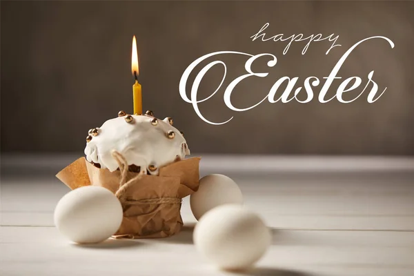 Traditional Easter Cake Burning Candle White Chicken Eggs Brown Background — Stock Photo, Image