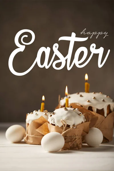 Traditional Tasty Easter Cakes Burning Candles White Chicken Eggs Brown — Stock Photo, Image