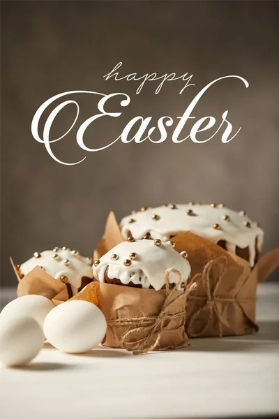 Traditional Decorated Easter Bread White Chicken Eggs White Table Happy — Stock Photo, Image