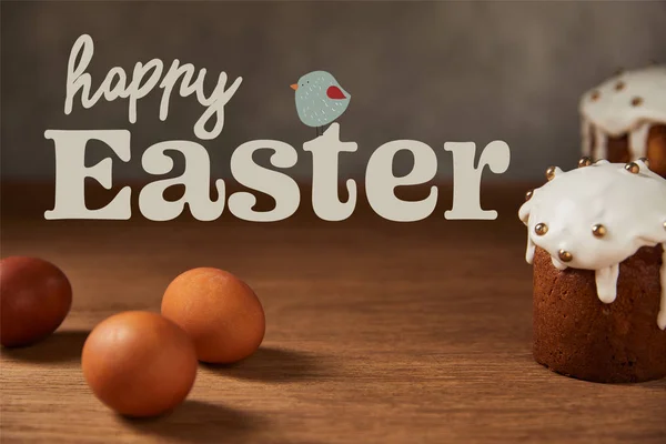 Selective Focus Traditional Easter Cakes Chicken Eggs Wooden Table Happy — Stock Photo, Image