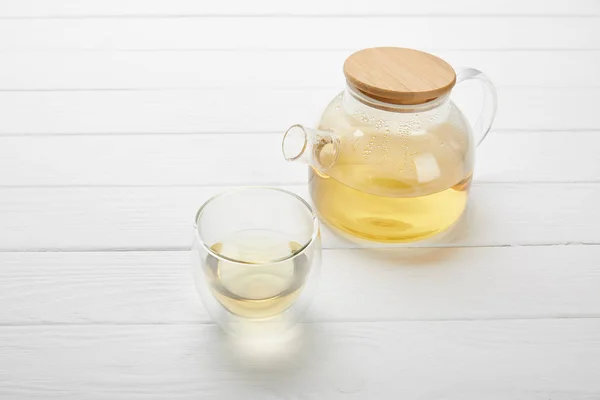 Teapot Glass Organic Herbal Tea White Wooden Table — Stock Photo, Image