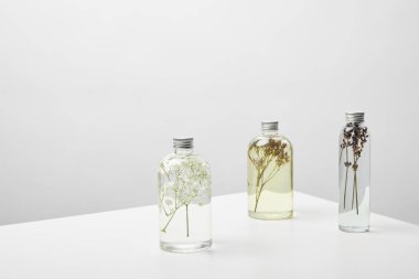 gri arka plan üzerinde beyaz masa üzerinde organik kozmetik ve bitkiler içinde şişeler