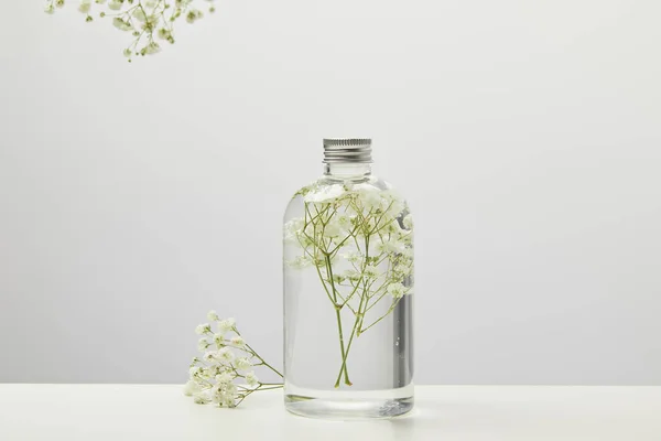 Gri Arka Plan Üzerinde Beyaz Kır Çiçekleri Ile Şeffaf Şişe — Stok fotoğraf