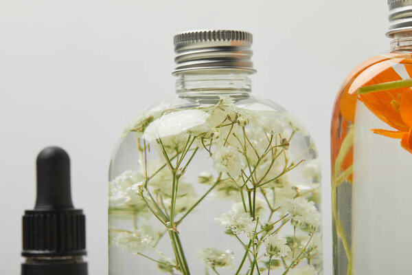 закрытие органического продукта красоты в бутылке с полевыми цветами внутри изолированы на серый
 