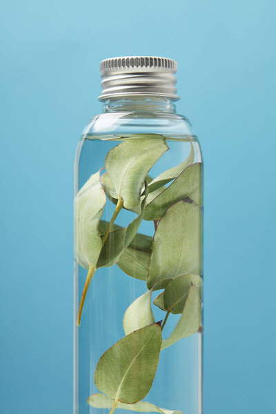 close up of organic cosmetic product with green leaves in bottle isolated on blue 