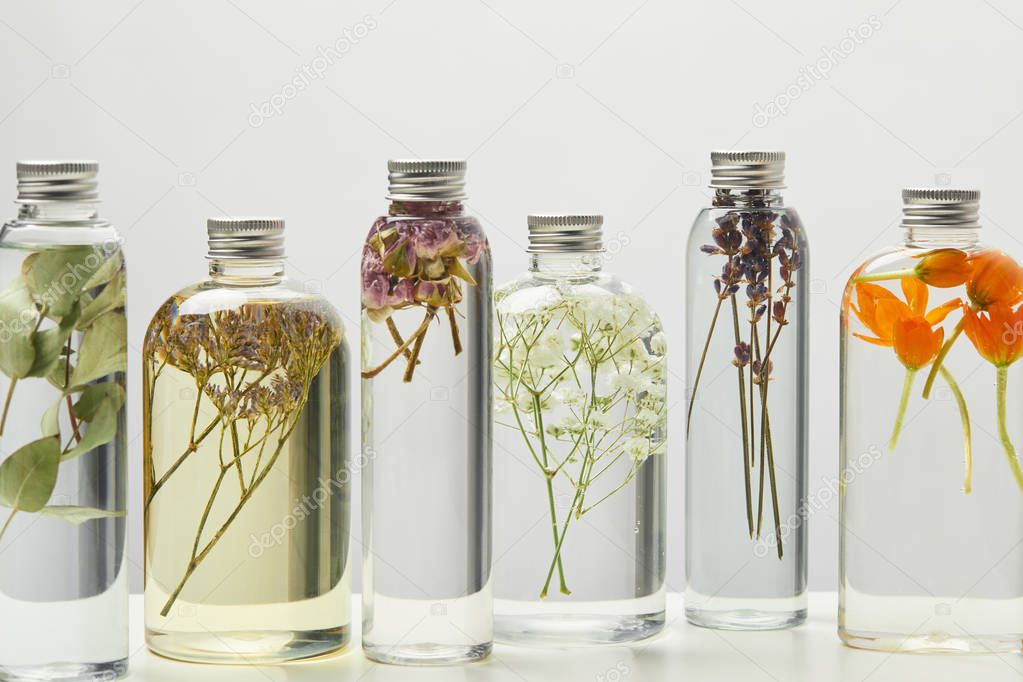 different organic beauty products in transparent bottles with herbs and flowers isolated on grey 