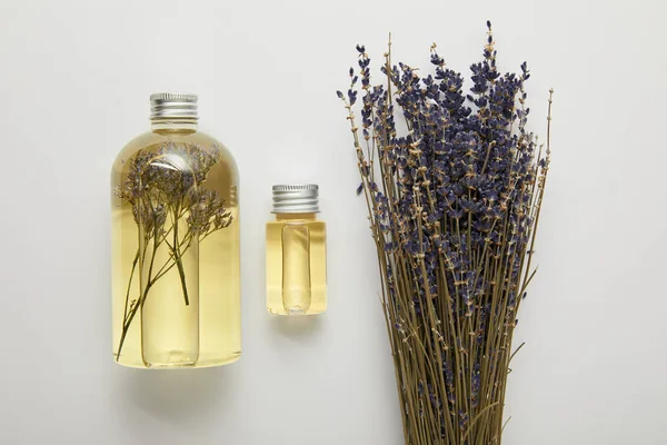 透明瓶的顶视图与天然液体黄色美容产品附近的干紫色野花在灰色背景 — 图库照片