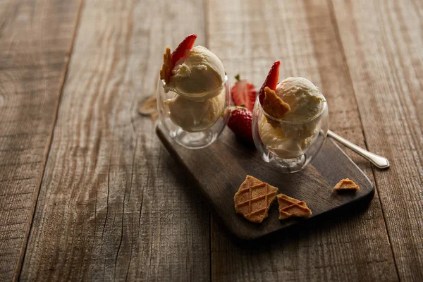 Delicious Ice Cream Glasses Strawberries Pieces Waffle Cutting Board Wooden — Stock Photo, Image