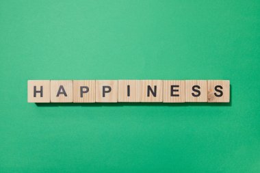 yeşil yüzeyüzerinde harflerile ahşap blokların üst görünümü