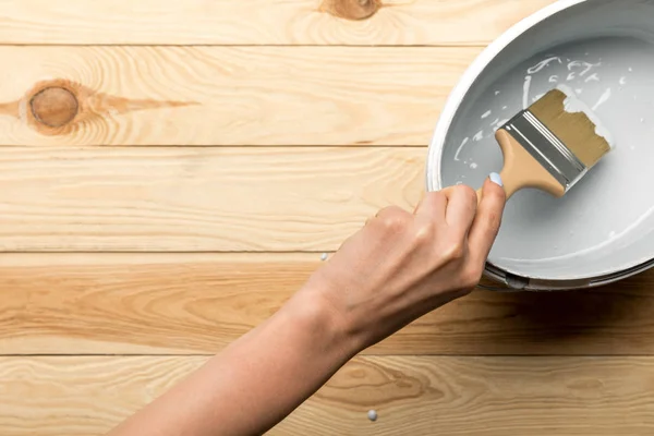 Cropped View Woman Brush White Paint Wooden Surface — Stock Photo, Image