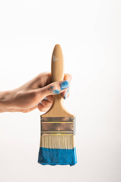 partial view of woman holding brush with blue paint on white