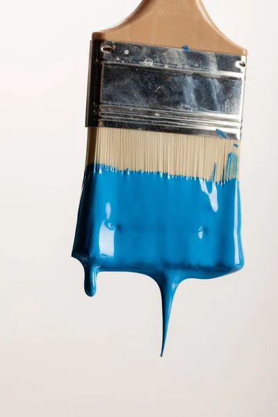 Close View Brush Blue Paint Isolated White — Stock Photo, Image