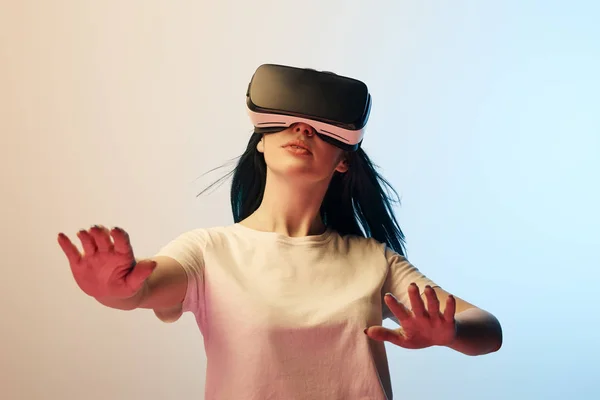 Selective Focus Girl White Shirt Wearing Virtual Reality Headset Gesturing — Stock Photo, Image