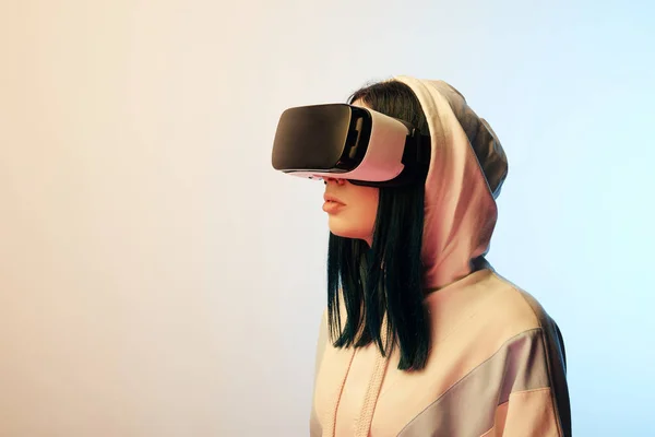 Beautiful Brunette Young Woman Virtual Reality Headset Beige Blue — Stock Photo, Image