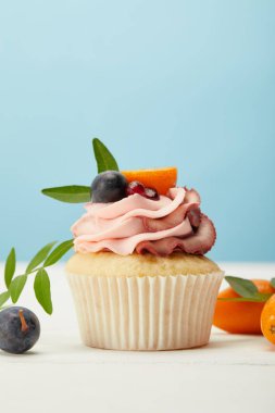 beyaz yüzeyüzerinde krem ve kumquats ile lezzetli cupcake mavi izole