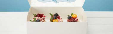mavi izole beyaz yüzeykutusunda çilek ve meyve ile cupcakes panoramik çekim