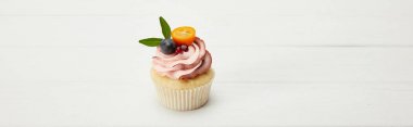 kumquat, garnet ve beyaz yüzeyüzerinde üzüm ile cupcake panoramik atış