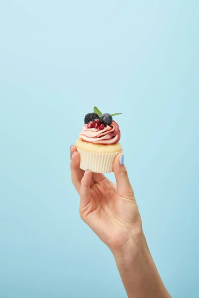 Gedeeltelijke Weergave Van Vrouw Houden Cupcake Met Crème Geïsoleerd Blauw — Stockfoto