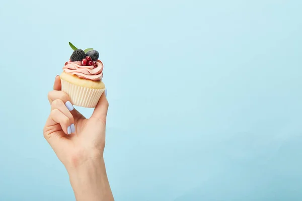Vue Partielle Femme Tenant Cupcake Avec Crème Isolée Sur Bleu — Photo