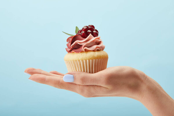partial view of woman holding cupcake with cream isolated on blue
