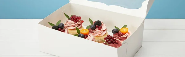 在白色表面上与蓝色隔离的盒子中 有浆果和水果的纸杯蛋糕全景拍摄 — 图库照片