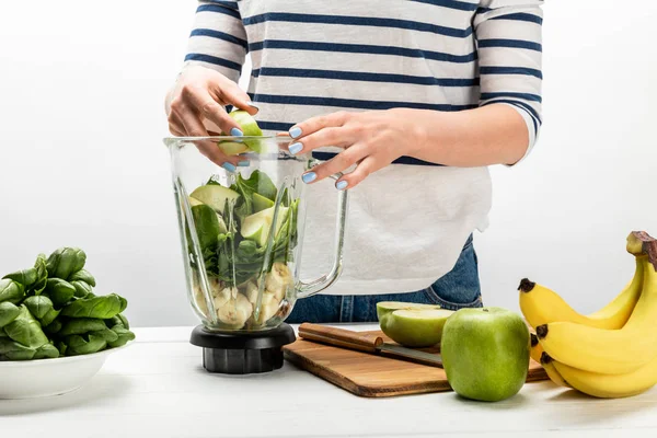 Cropped View Woman Putting Organic Fruits Blender White — Stock Photo, Image