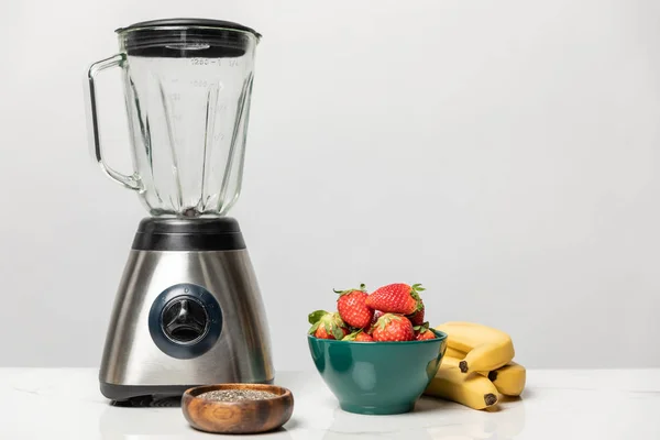 Sweet Tasty Strawberries Bowl Yellow Bananas Blender White — Stock Photo, Image