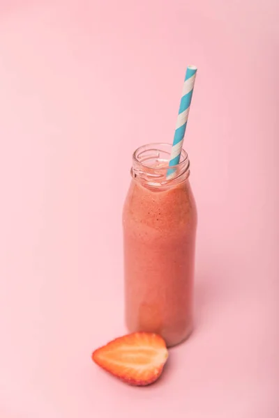 Sweet Tasty Smoothie Glass Bottle Straw Ripe Strawberries Isolated Pink — Stock Photo, Image