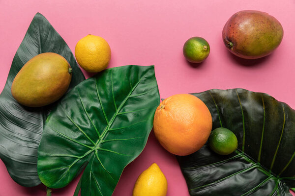 верхний вид на весь спелых тропических цитрусовых и манго с зелеными листьями на розовом фоне
