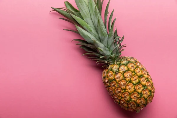 Top View Whole Ripe Tropical Pineapple Pink Background Copy Space — Stock Photo, Image