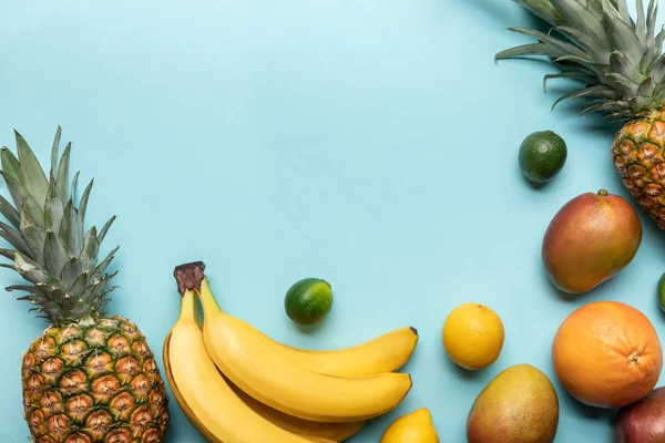 Top View Ripe Exotic Fruits Blue Background Copy Space — Stock Photo, Image