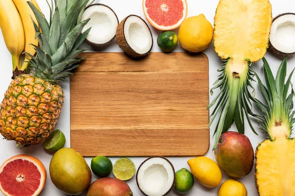 Top View Cut Whole Tropical Fruits Wooden Chopping Board Copy — Stock Photo, Image