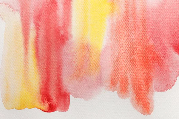 Close View Pale Yellow Red Watercolor Paint Spills White Background — Stock Photo, Image