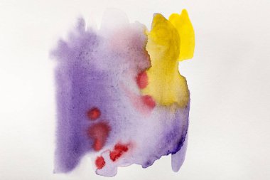 yellow, purple and red watercolor paint spills on white background clipart