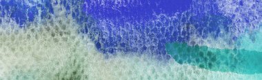 panoramic shot of green and blue watercolor paint spills on textured background clipart