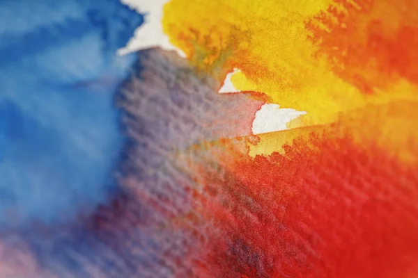 Close View Mixed Yellow Blue Red Watercolor Paint Spills Textured — Stock Photo, Image