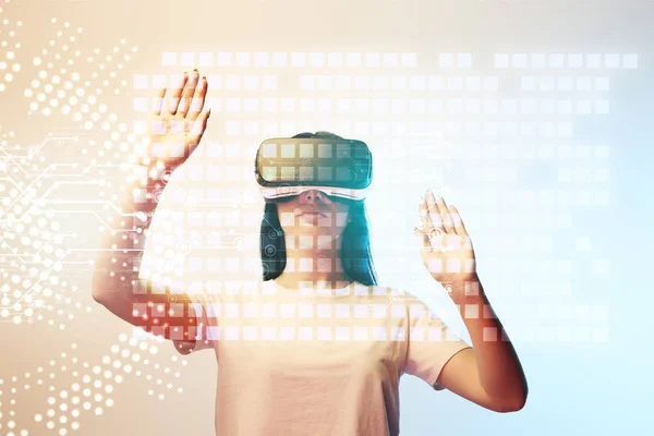 Young Woman Virtual Reality Headset Pointing Hands Glowing Data Illustration — 스톡 사진