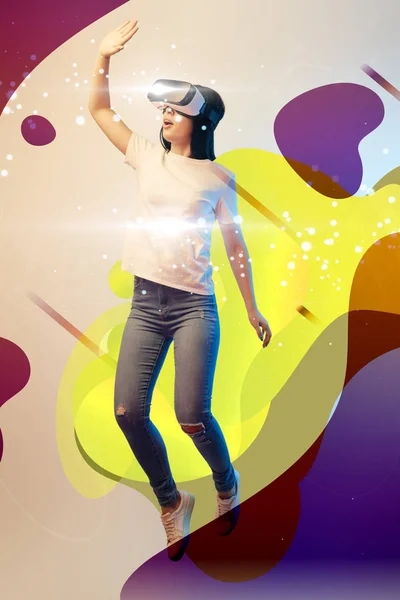 Young Excited Woman Virtual Reality Headset Levitating Air Glowing Abstract — Stock Photo, Image