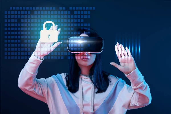 Young Woman Virtual Reality Headset Gesturing Glowing Cyber Security Illustration — 스톡 사진