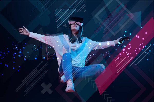KYIV, UKRAINE - APRIL 5, 2019: Young woman in virtual reality headset with joystick flying in air among glowing data illustration on dark background 