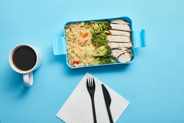 Top View Cup Coffee Disposable Fork Knife Lunch Box Risotto — Stock Photo, Image