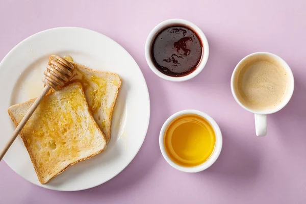 Top View Bowls Toasts Honey White Plate Wooden Dipper Jam — Stock Photo, Image