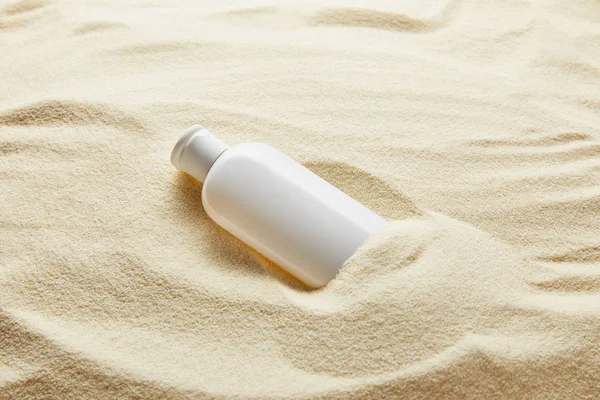 Sunblock Moisturizing Lotion White Bottle Sand — Stock Photo, Image
