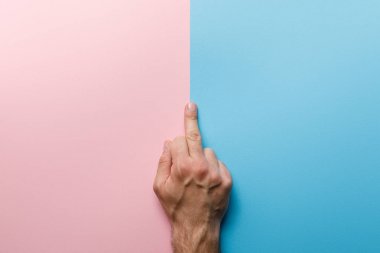 pembe ve mavi arka planda orta parmak gösteren adam kırpılmış görünümü
