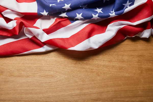 Top View American Flag Beige Wooden Table Copy Space — Stock Photo, Image